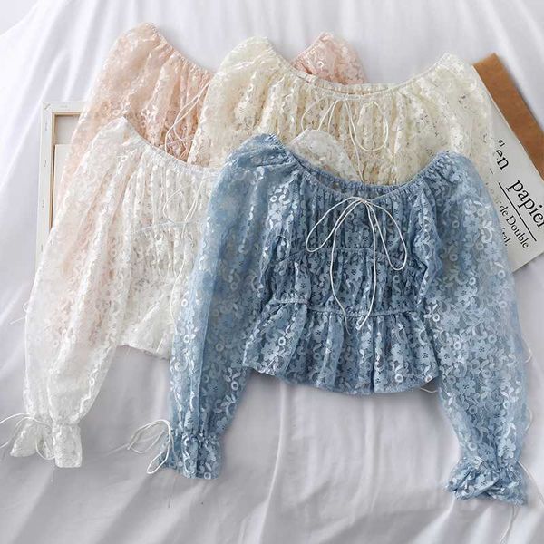 

women's blouses & shirts female hollow ladies sweet butterfly sleeves lace short style women ruffles summer up slash neck, White