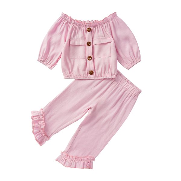 

newborn baby girls toddler baby girls 2pcs 2019 autumn casual pink clothes ruffle t-shirt+pants outfits, White