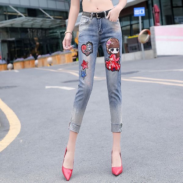 

sequined cute jeans pant fashion denim pencil pants women plus size 2019 new arrivals, Blue