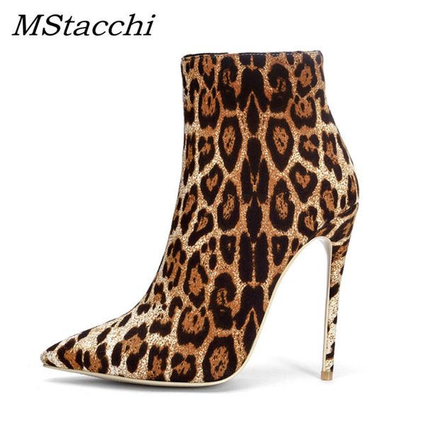 

mstacchi 2019 chic spring autumn pointed toe zipper leopard stilettos pointed toe foowear thin high heels woman ankle boots, Black