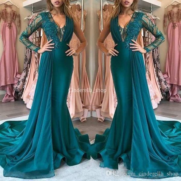 

Design Teal Prom Dresses 2019 Long Sleeves Appliques Lace Mermaid Sweep Train Arabic Formal Evening Party Special Occasion Gowns