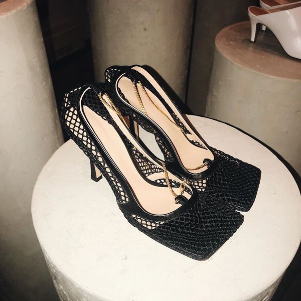 

monmoira vintage square toe stretch pumps women gold chain high heels shoes women air mesh designer women's shoes c14, Black