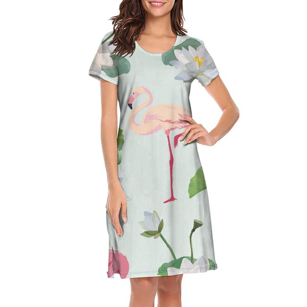 

nighties for women flamingo and lotus flowers design personality cute short sleeve nightdress teal pink flamingos pattern flamingo palm, Black;red