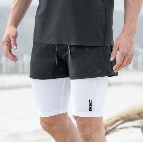 

mens fitness slim breathable shorts designer quck drying sports skinny running training knee length short males active clothes, White;black