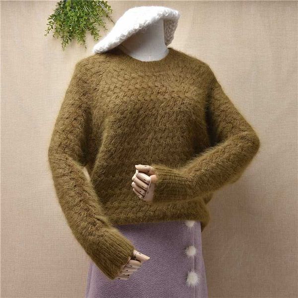 

girls woman thick warm braid twist knitted mink cashmere o-neck loose pullover angora fur knitted winter jumper sweater, White;black