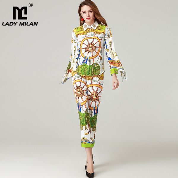 

2019 women's runway twinsets turn down collar beaded 3/4 sleeves printed shirts with mid calf pants fashion two piece pants sets, White