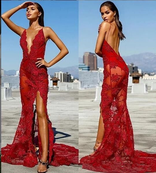 

2021 spaghetti strips mermaid lace appliques slim prom dresses backless split front custom special occasion party gowns night club, Black
