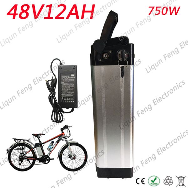 Frete Grátis E-bike bateria de iões De Lítio 48 V 12AH Prata peixe 18650 Bateria Recarregável com BMS Bafang 750 W Motor Enviar Carregador.