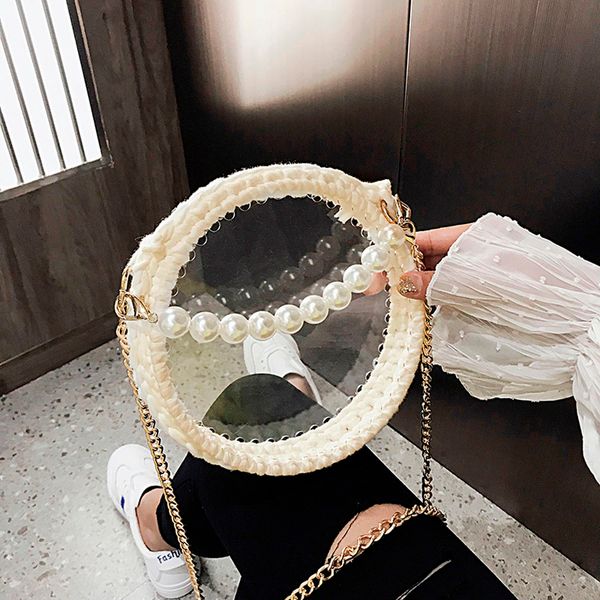 

fashion circle women transparent bag hand-woven shoulder bags woven pearl chain messenger bag clear crossbody handbag#h30