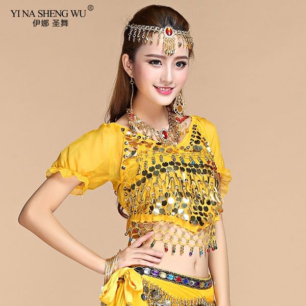 

stage wear women's belly dance costume chiffon lantern short sleeves gold coins tees clothing dancing practice top, Black;red