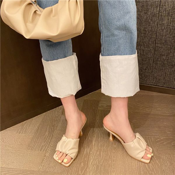 

2020 new design square toe thin high heel slippers women sandals fashion slip on slides summer shoe mule pleated massage outsole, Black