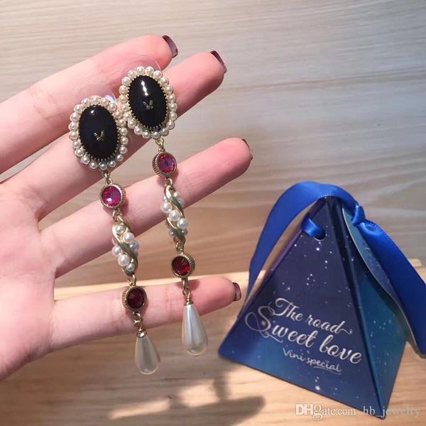 

popular fashion brand high version red diamond pearl earrings for lady design women party wedding luxury jewelry for bride with box, Golden;silver
