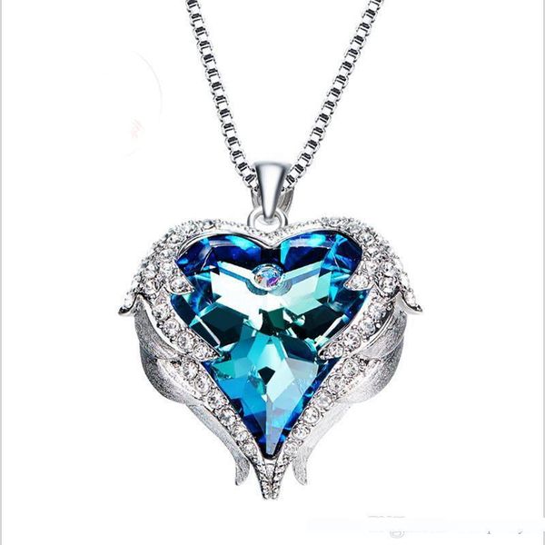

heart crystal pendant, auniquestyle angel wing necklaces for women love heart pendant necklace gifts for women girls fashion jewelry, Silver