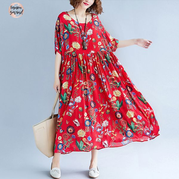 

женщины летнее платье плюс размер леди печати цветочные femme лето элегантный vintage vestidos негабаритные сыпучие курортная длинные платья, Black;gray