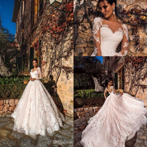 

2019 новые романтические кружевные свадебные платья с круглым вырезом sheer с длинными рукавами свадебные свадебные платья кружева аппликаци, White