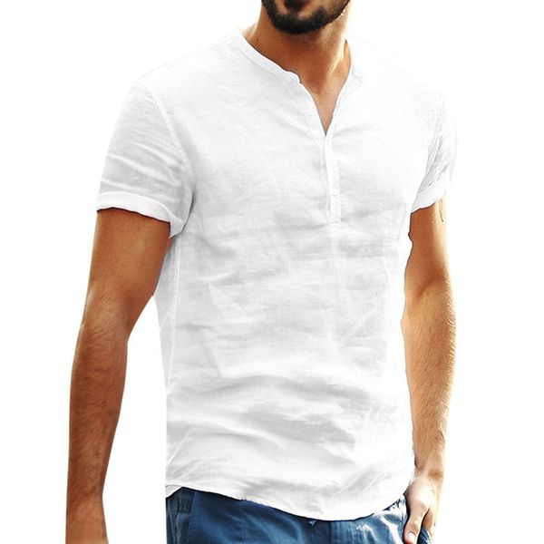 

men's v-neck solid color cotton short-sleeved shirt baggy cotton linen soid color short sleeve retro shirts casual blouse#bl1, White;black