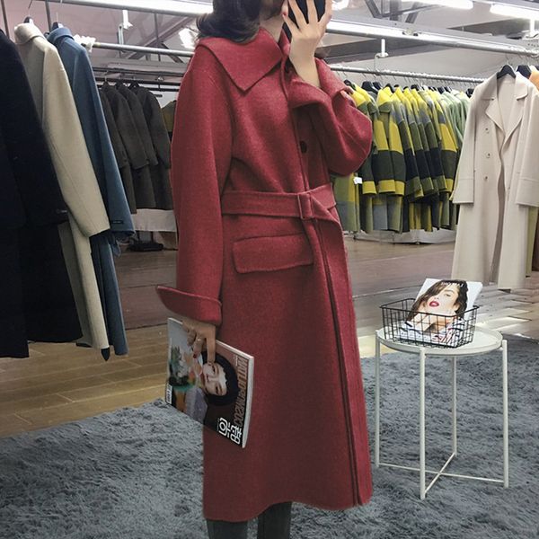 

winter 2019 long double-sided wool 90% coat female korean high-end lapel lace-up wool long single breasted coat, Black