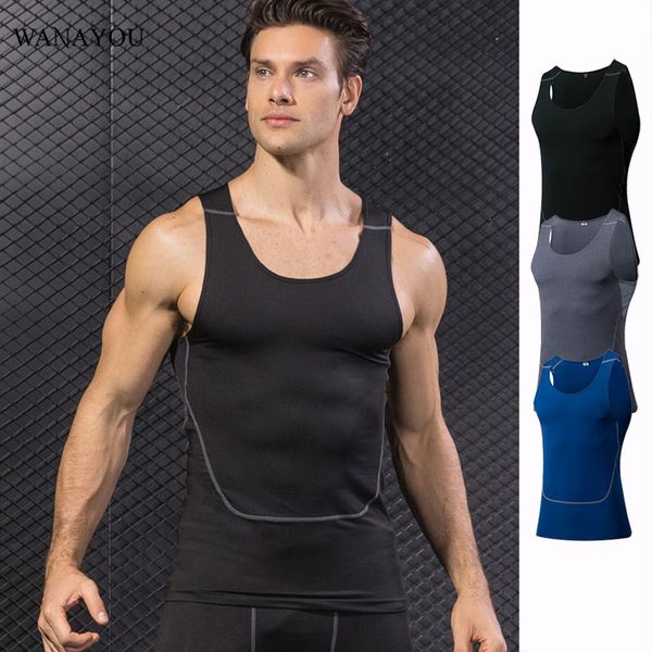 

wanayou men's breathable fast-drying sports vest,elastic pro sleeveless training shirts,compression tights gym fitness t-shirts, Black;blue