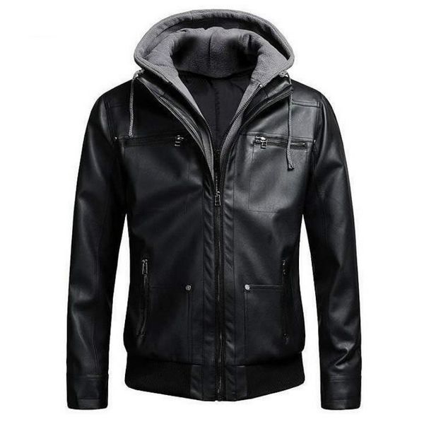

winter leather jacket men coat 2020 new polar fleece hood detachable pu faux leather jacket men biker motorcycle, Black