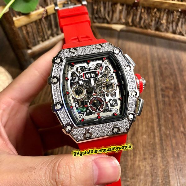 

edition rm11-03 skeleton dial diamond silver 904l steel case flyback chrono automatic 11-03 mens watch red rubber strap sport watches, Slivery;brown