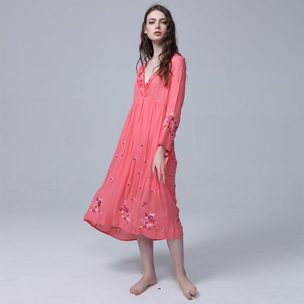 red long sleeve boho dress