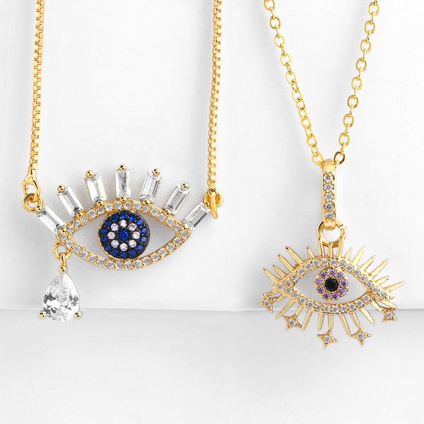 Anhänger Halsketten Vintage Frauen Halskette Schmuck Gelbgold CZ Blaues Auge für Mädchen Schöne Geschenk für Freund