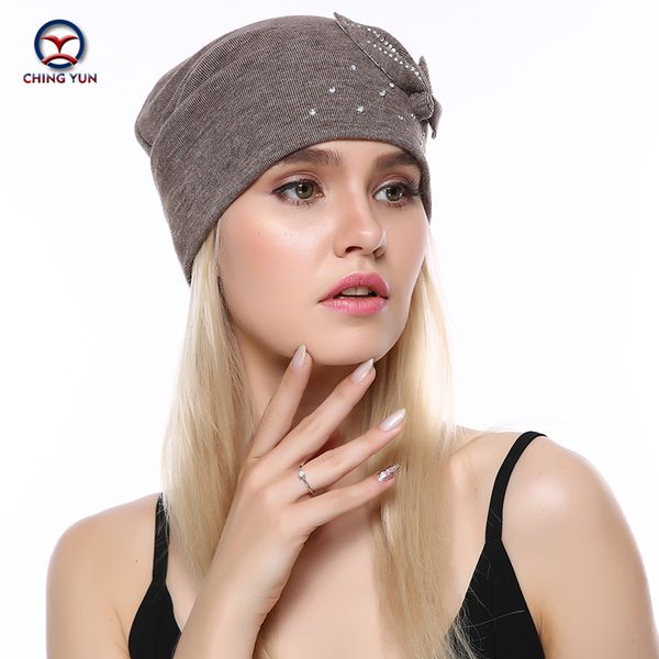 

ching yun cashmere knit hat soft new fashion winter warm flower rhinestone wool female hat solid color knitted, Blue;gray