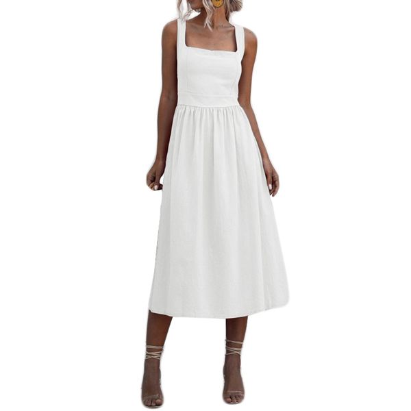 

summer elegant beach robe mid-length skirt women's u-neck straps backless party dress, Black;gray