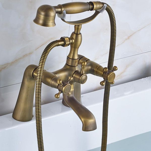 

old brass bathtub faucet, bathtub faucet, hand shower sprayer, mixing two handles, shower faucet