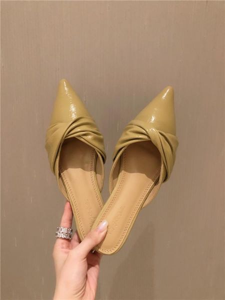 

shoes women woman's slippers low slides pointed toe soft 2020 flat fabric rome hoof heels pu rubber basic, Black