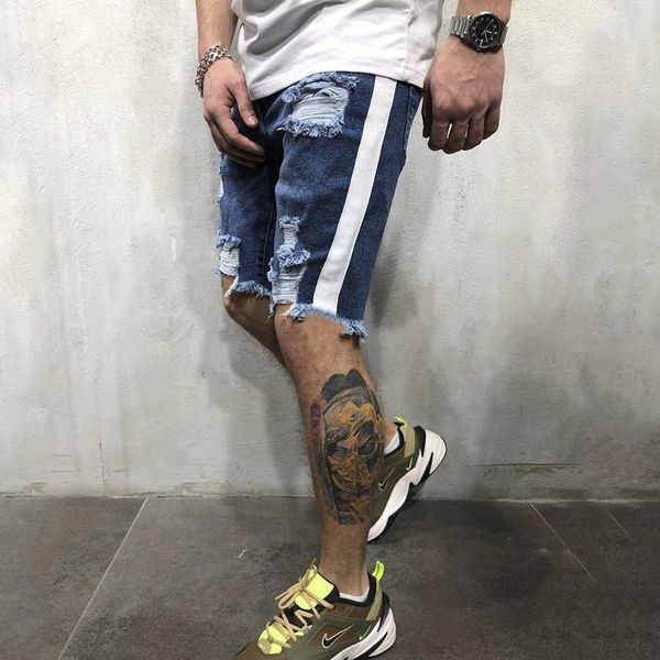 

2019 summer mens denim shorts new casual knee length short ripped cotton straight hole jeans shorts for male denim, Blue