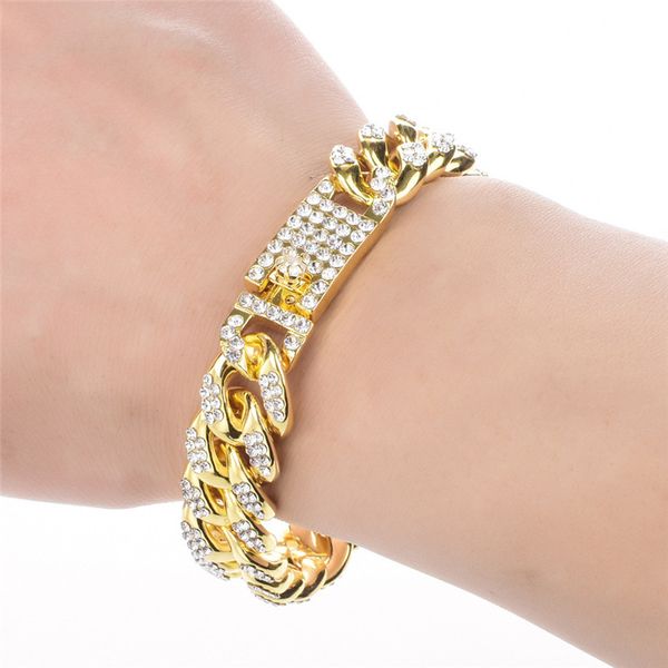 

men's bracelet hip hop miami cuban link gold silver color iced out paved rhinestones male wristband street jewelry, Black