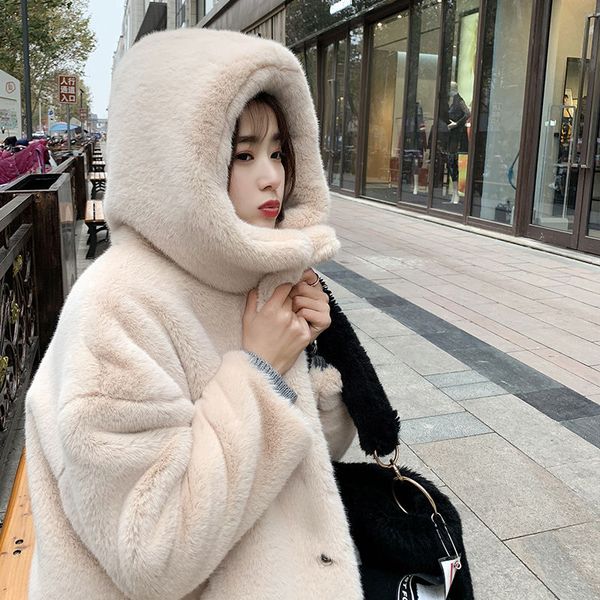 

2019 autumn winter hooded fur coat thickening warm long faux fur coat large size 4xl women's overcoat, Black