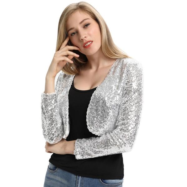 

lolita shining sequined ladies cropped length coat long sleeve open front bolero shrug classic black silver party women's jacket, Black;brown