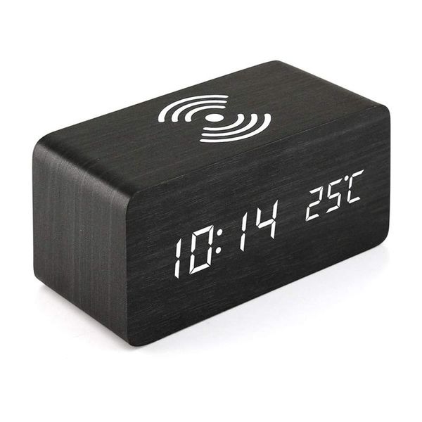 

wooden alarm clock with qi wireless charging pad compatible with for iphone samsung wood led digital clock sound control functio
