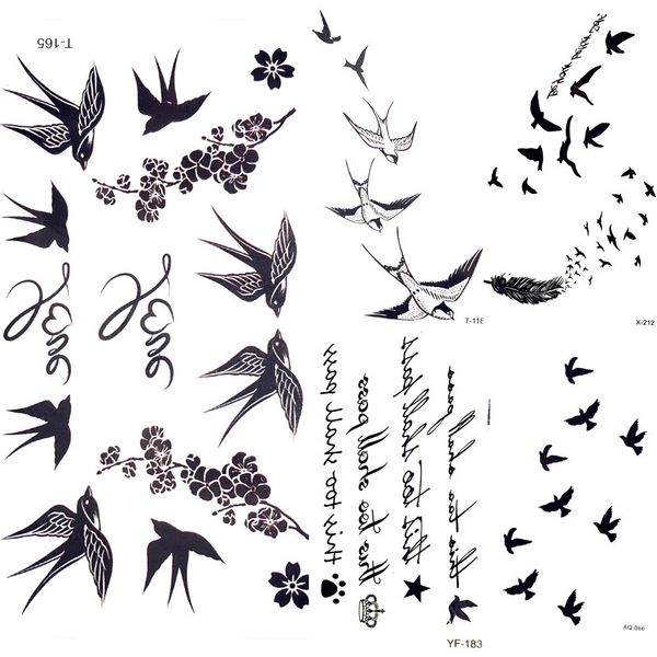 Acheter Mignon Hirondelle Plume Oiseau Autocollants Temporaires Fleur Branche Lettre Transfert De Leau Tatouage Femmes Corps Poitrine Bras Art