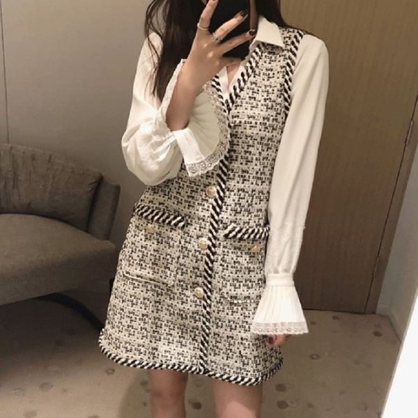 

chicatwill 2019 new woman's elegant sleeveless plaid long vests office lady tweed jackets women casual casual outerwears, Black;white