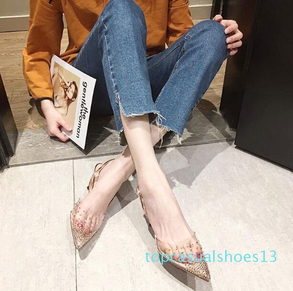 

fashion women transparent high heel sandals pointed toes rhinestone wedding party shoes shallow mouth 7cm designer lady pumps t13, Black