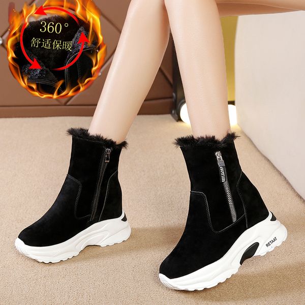 

8cm hidden wedges women plush boots 2020 fashion platform shoes woman autumn winter high heel flock casual women cotton shoes, Black