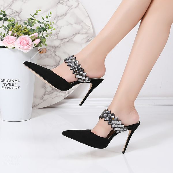 

doris fanny fashion crystal stiletto high heels woman slippers leather pointed toe sandals ladies summer mules slides shoes, Black