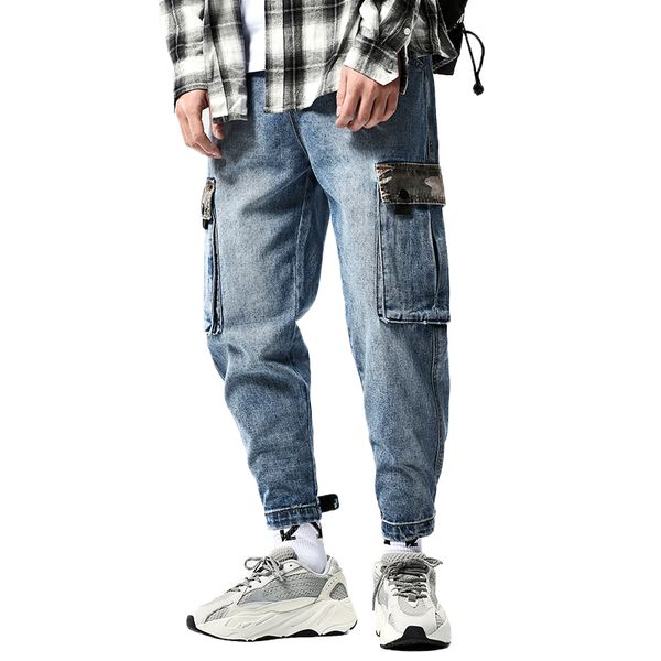 

fashion men baggy hip hop cargo jeans camo multi pockets cuffed harem denim pants joggers trousers loose fit washed for male, Blue