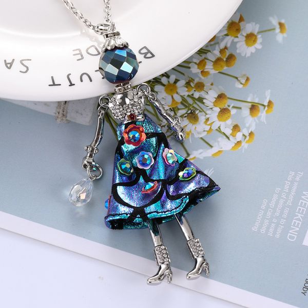 

flower doll necklace scale dress long chain statement pendant rhinestone in leg doll necklaces women girl jewelry, Silver