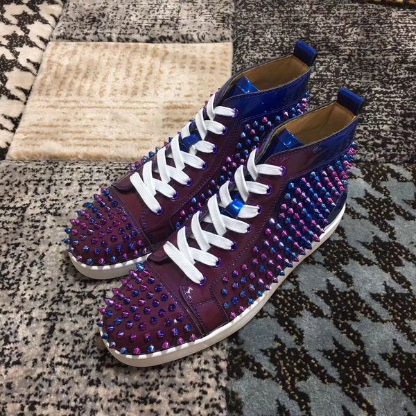 

gradient patent leather spikes red bottom sneakers brand designer outdoor studs trainer men women casual perfect red sole fashion shoes, Black