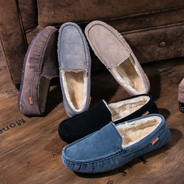 

mens loafers plush italian suede leather driving shoes casual winter warm fur men loafer man moccasins slip on boat shoes, Black