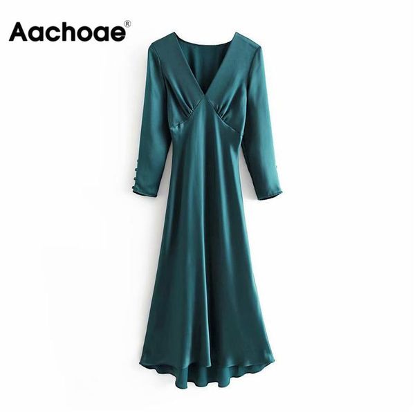 

vintage deep v neck solid long dress women satin long sleeve party dress elegant soft pleated midi a line dresses vestidos, Black;gray