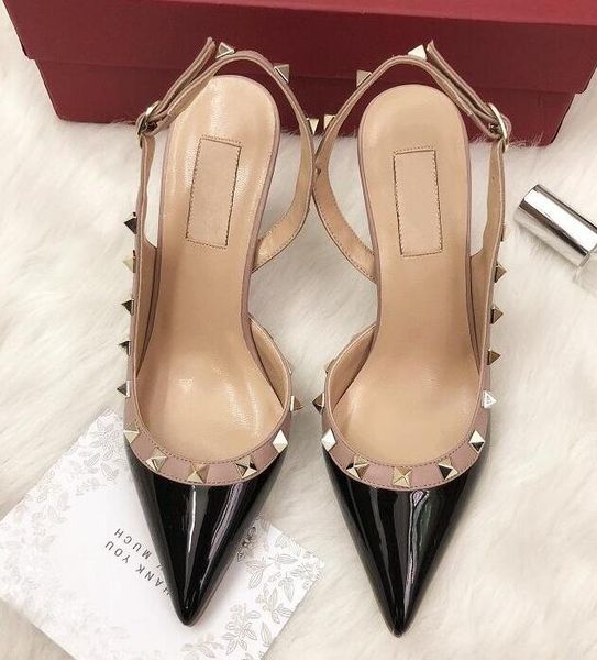 

2020 lady black patent leather pointed toe 2-strap with studs high heels patent leather rivets sandals women shoes valentine high heel shoes