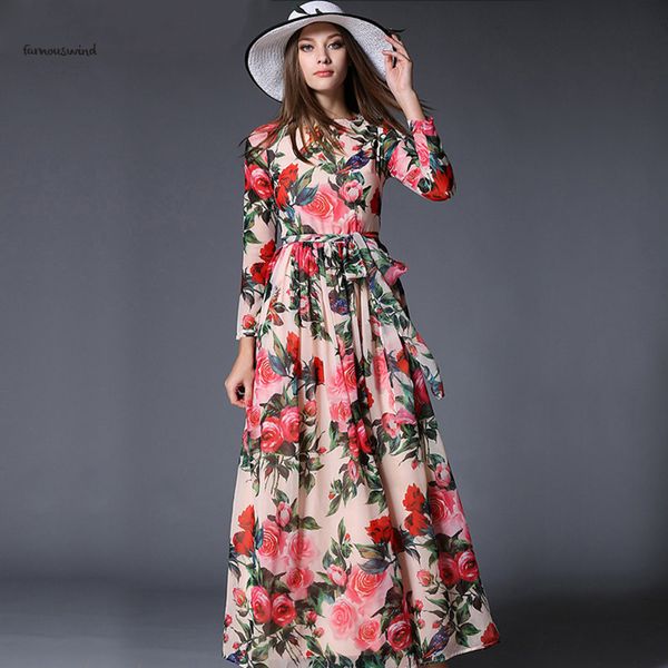 

woman chiffon long dress rose floral overlay print female longue dress sashes vintage long sleeve pleated dress, Black;gray