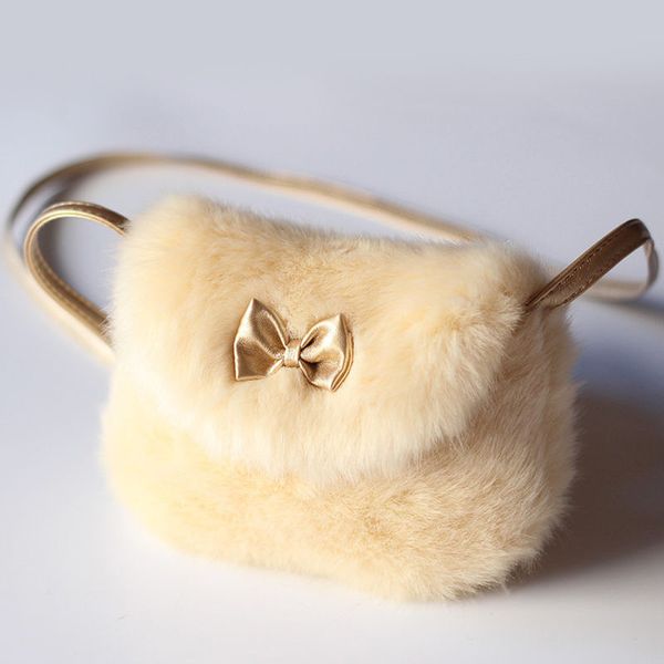 

2020 new cute children princess girl kids mini cross body bag fashion bowknot imitation fur shoulder messenger bag purse, White