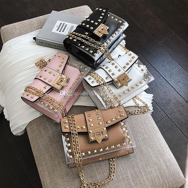 

clear brand designer woman 2020 new fashion messenger bag chains shoulder bag female rivets transparent square pu handbag evening bag