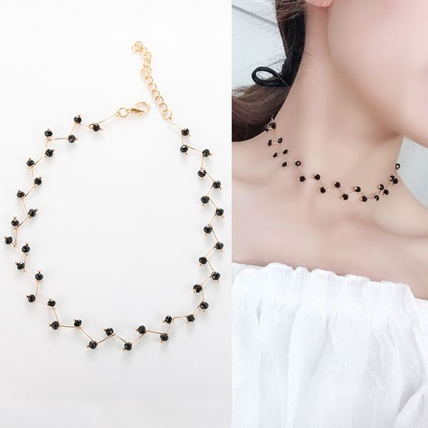 

korea simple joker black crystal short clavicle chain women, Silver